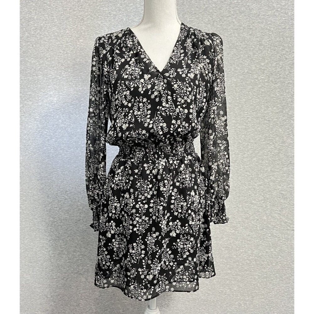 Nine Britton Dress Womens Extra Small Black Floral Twee Floral Sheer Faux Wrap